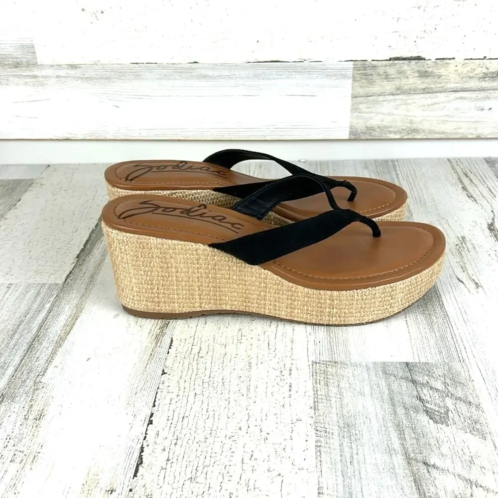 Zodiac Womens 10 Black Leather Espadrille Wedge Platform Sandals NEW